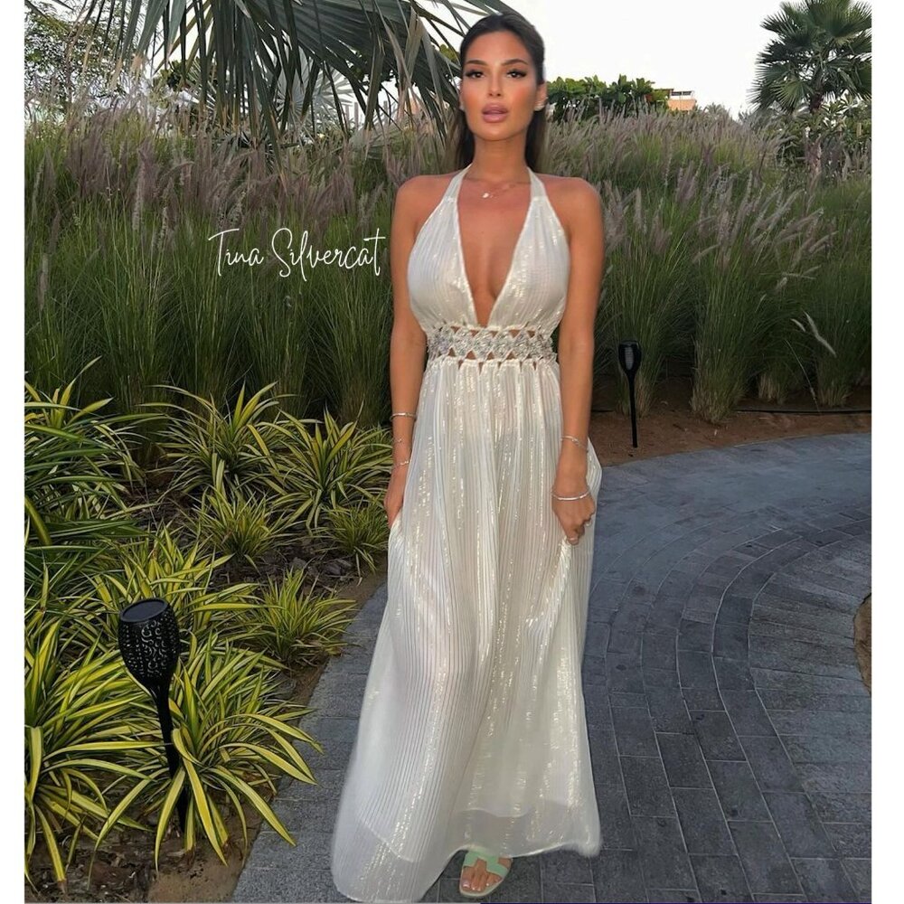 Zara White Cream Rhinestone Midi Dress NWT - Picture 6 of 16
